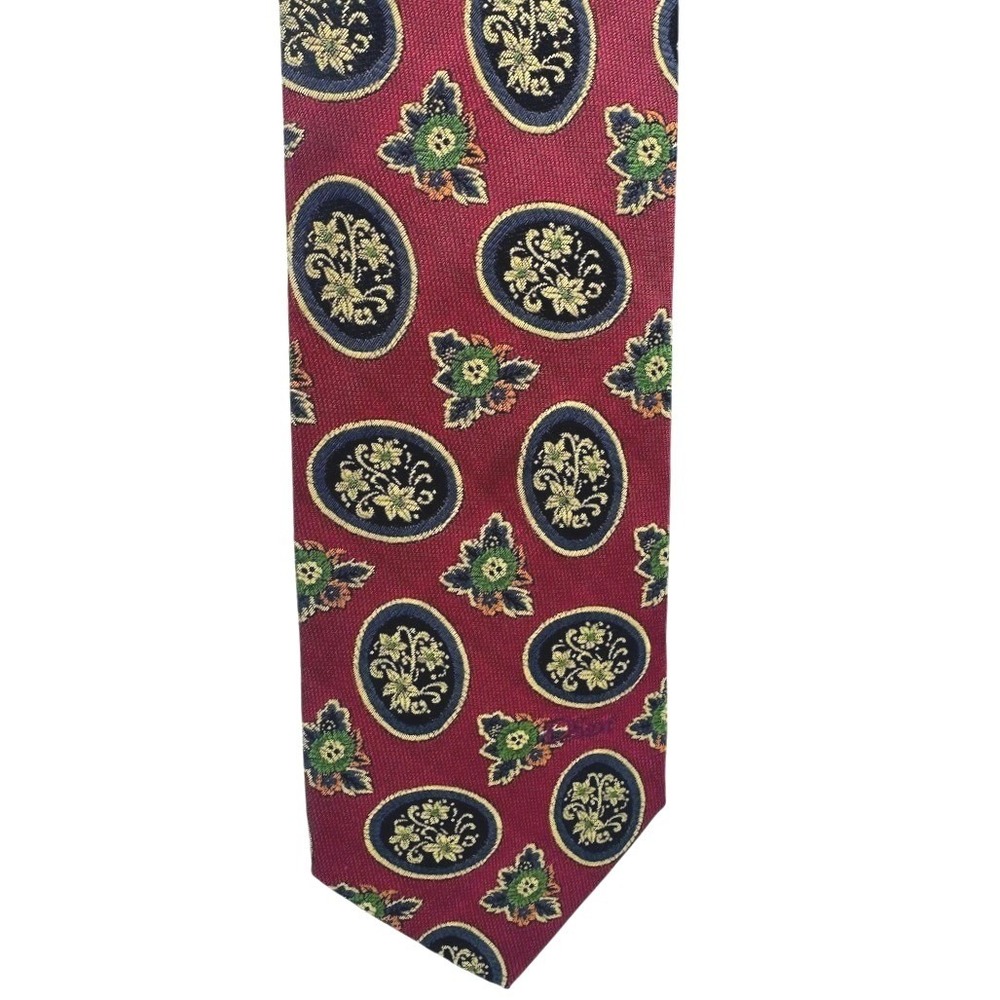Christian Dior Monsieur Mens Burgundy Silk Medallion Floral Jacquard Necktie